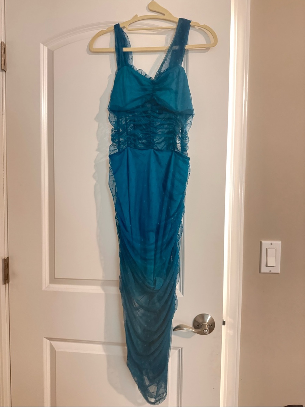 House of Harlow 1960 Teal Sheer Ruched Maxi Dress
